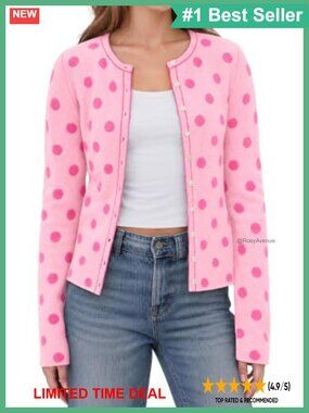 Womens Polka Dot Button Up Cardigan Long Sleeve Soft Knit Fitted Sweater